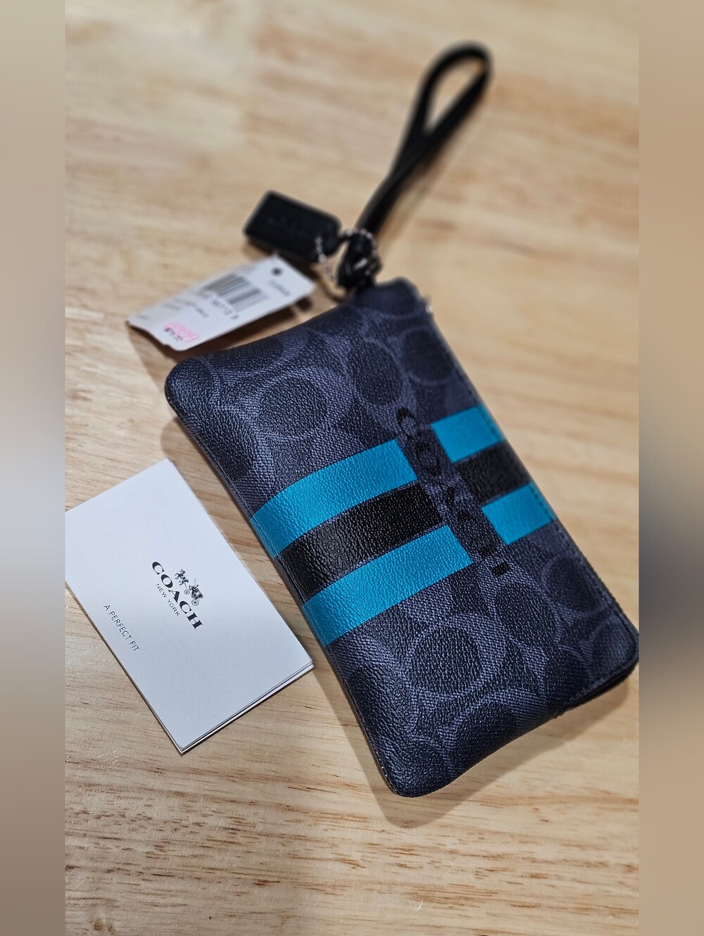 Coach Black Signature Varsity Blue Stripe Monogramm Leather Wristlet NWT